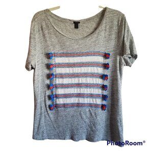 J Crew  Black Label 100% Linen Tee with Aztec Embroidery and Tassels